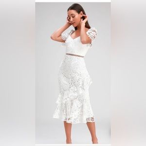 Lulús Briarwood White Lace Ruffled Midi Dress- bridal shower or rehearsal dress